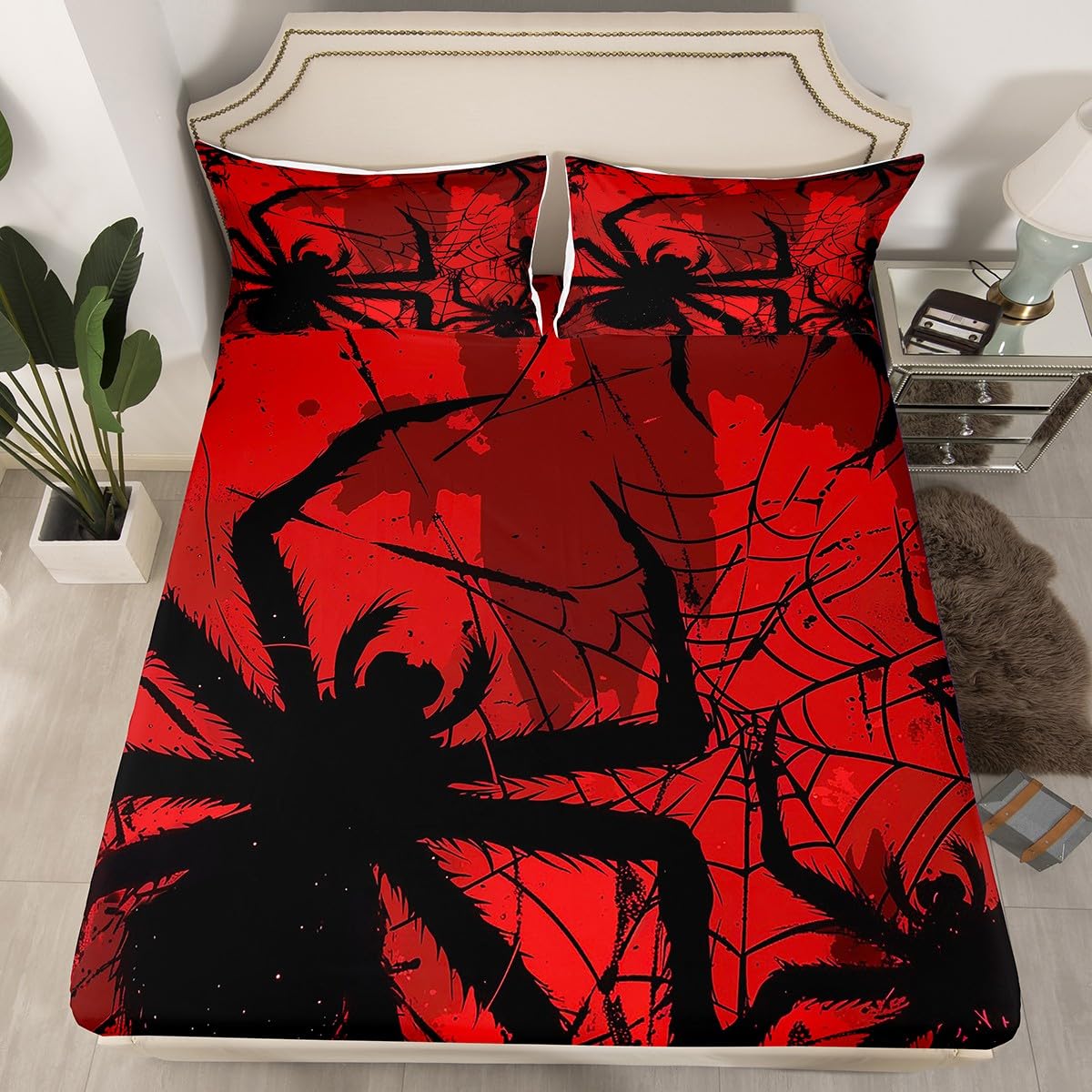 jejeloiu Spiders Fitted Sheet Twin Size Kids Scary Spider Pattern Bedding Set for Boys Girls Teens Red Bed Sheets Set Breathable Soft Lightweight