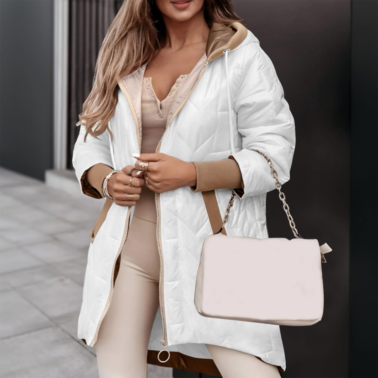Chaqueta Mujer Abrigo Entretiempo Invierno Cazadora Plumiferos，Chaqueta holgada con capucha de retazos moderna para mujer abrigo ligero de manga larga estilo casual y juvenil ideal para el otoño e in