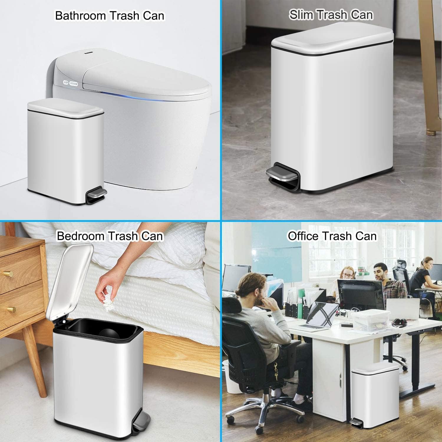H+LUX Small Garbage Can with Soft Close Lid,Slim Trash Can for Bathroom,Office,Bedroom,5L/1.3Gal,White