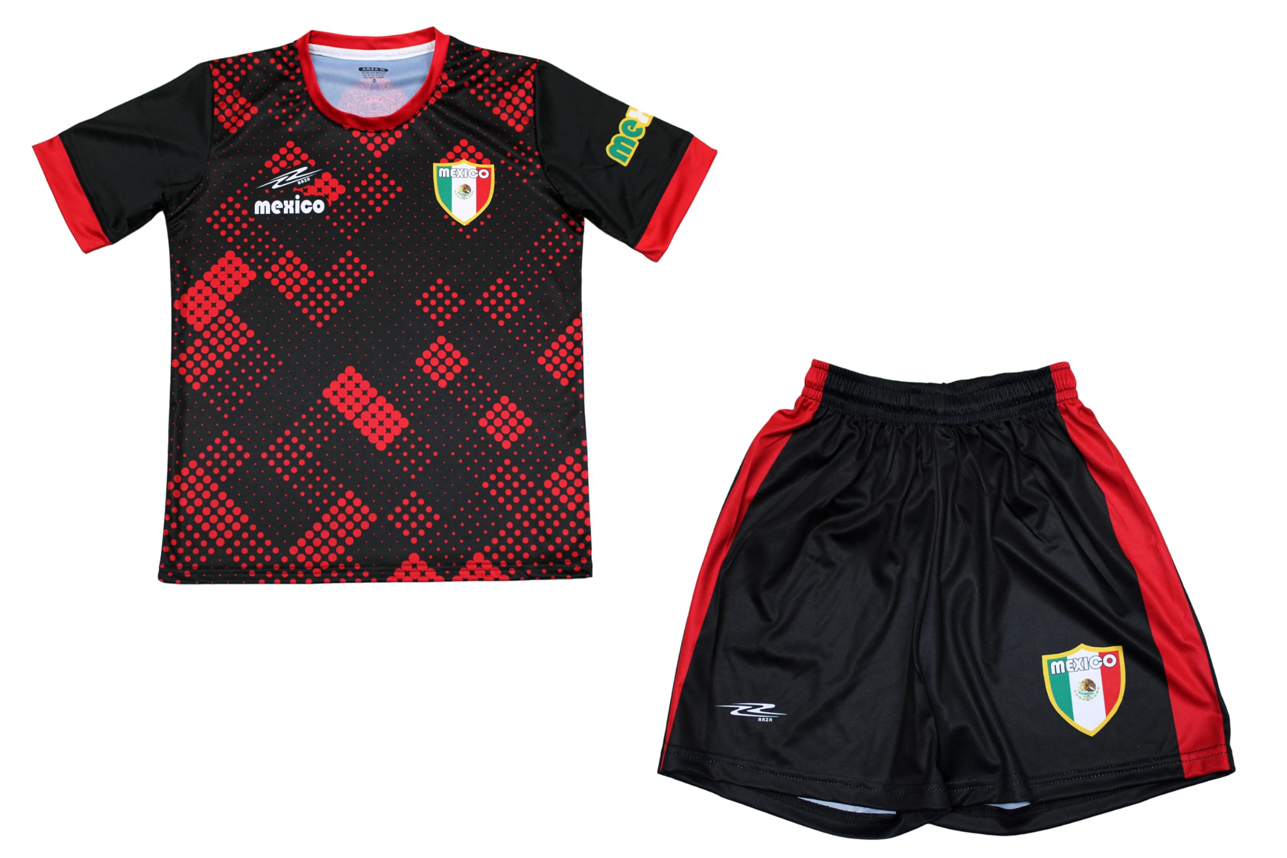 Generic Arza Sports Youth Soccer Uniform Mexico 100% Polyester Shorts and Jersey Included White and Black (US, Numeric, 10, Regular, Black/Red)