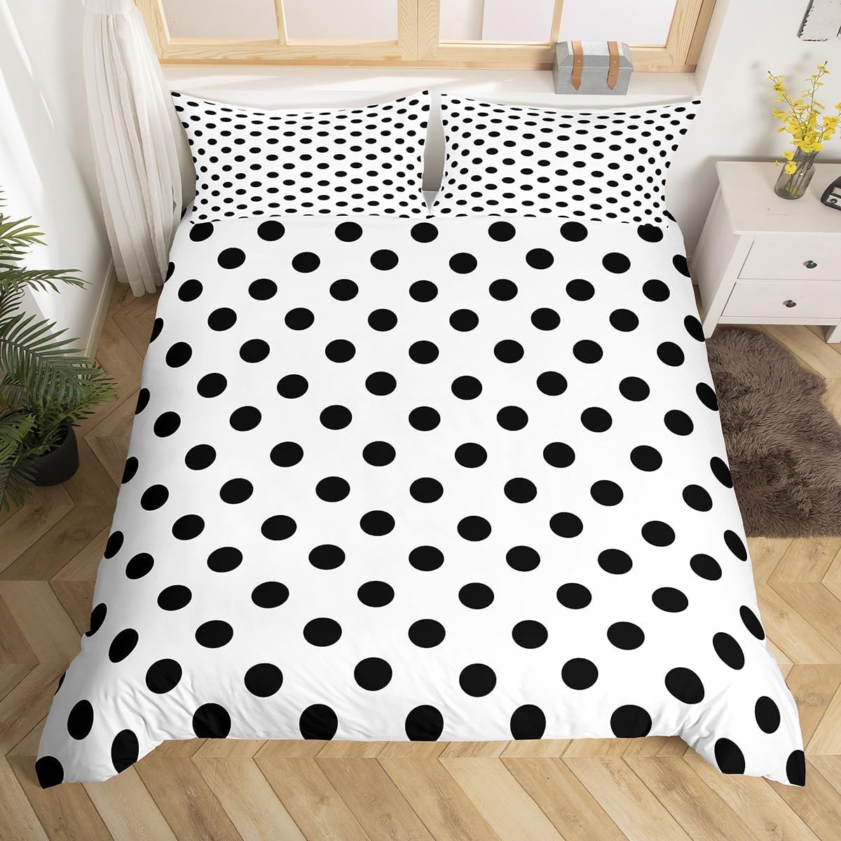 Feelyou Polka Dots Duvet Cover Black Circle Bedding Set Modern Design Comforter Cover for Boys Girls Kids Room Decor Lightweight Black White Bedspread Cover Queen Size with 2 Pillow Case