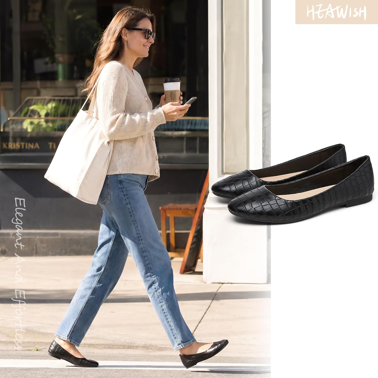 HEAWISH Womens Leather Dress Shoes Crocodile Print Ballet Flats