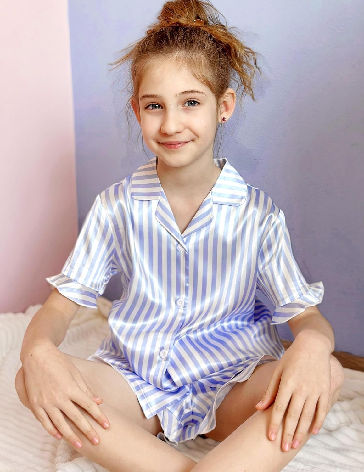 Arshiner Girls Pajamas Sets 3 Piece Silk Pjs Short Sleeve Sleepwear Satin Ruffle Nightwear - Image 2