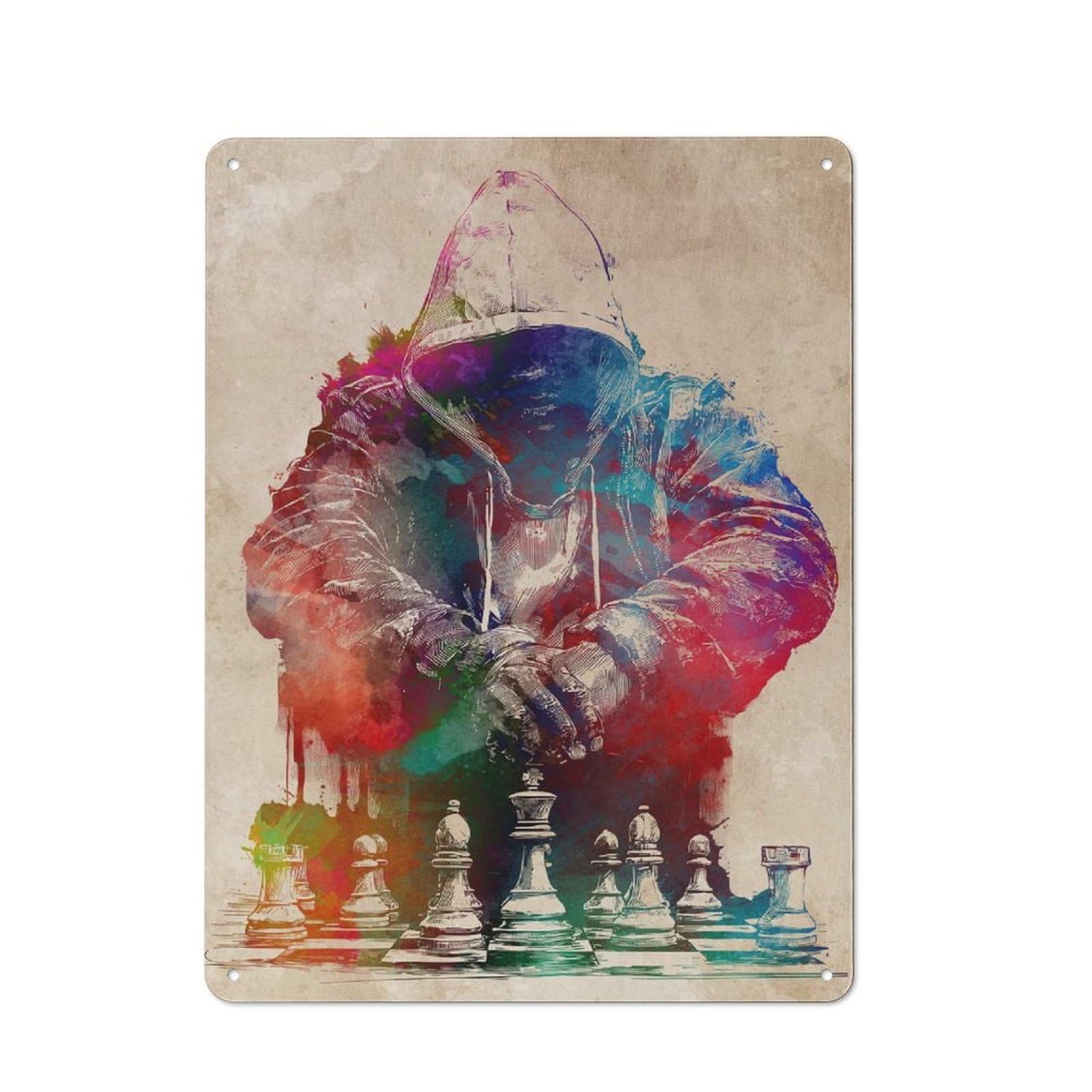 Junmoney Style-12 Rustic Chess Player Watercolor Art Rustic Tin Sign 40X30cm, Porch Wall Decor For Greenhouse, Garden Room, Cafe Or Entryway