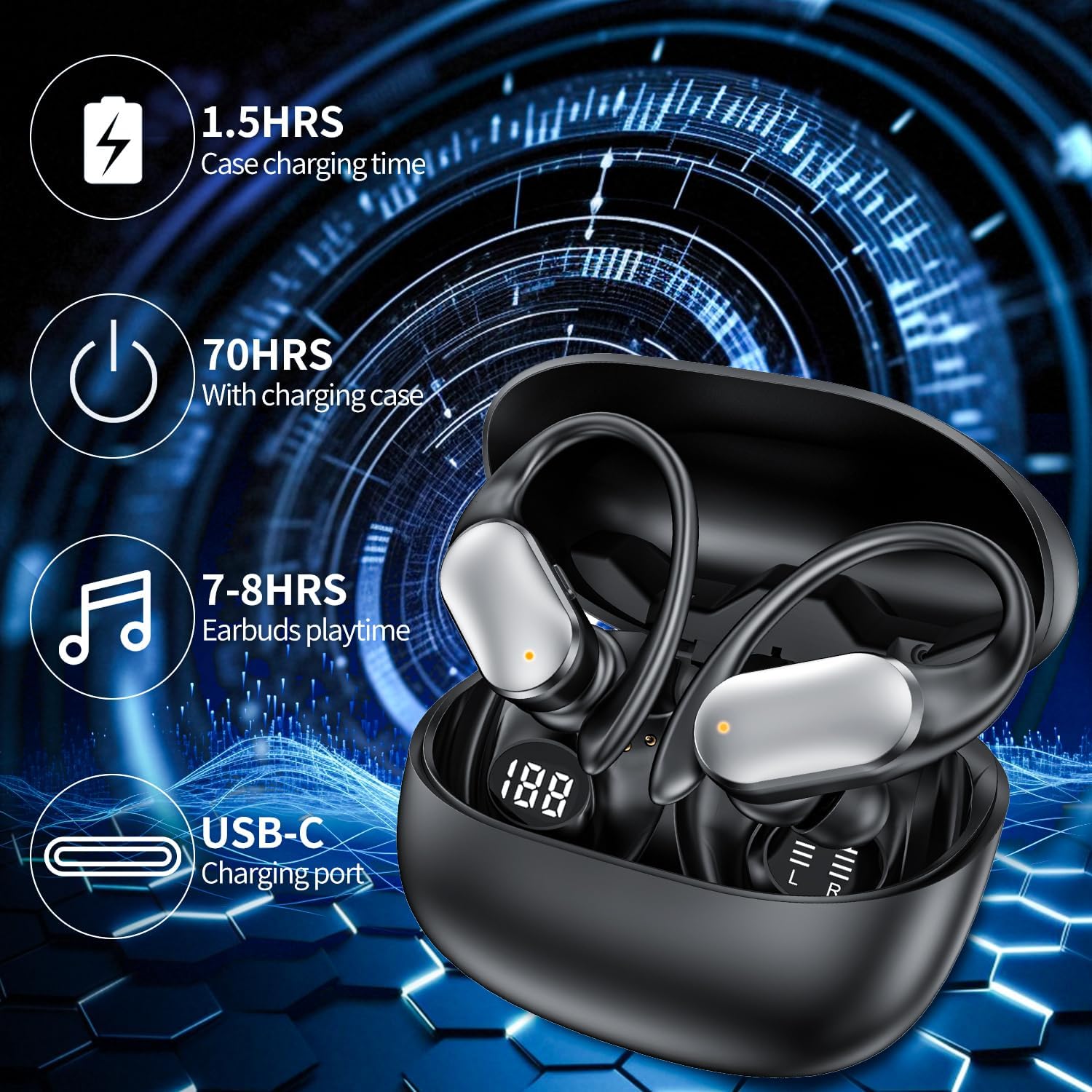 Wireless Earbuds with Earhooks in-Ear Earbuds Bluetooth 5.4 with ENC Noise Cancelling 75Hr Playback IPX7, 2025 Workout Bluetooth Earphones, HiFi Deep Bass Clear Highs Wireless Headphones