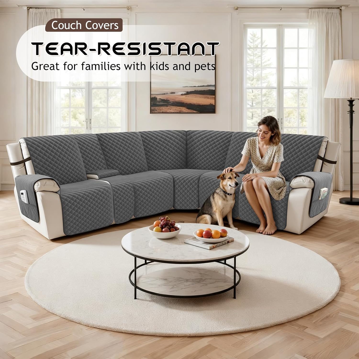 Arfntevss Waterproof Recliner Sectional Couch Covers for Reclining L Shape Sofa Cover Non Slip Washable L Shaped Slipcover Sets for Dog Furniture Protector (5 Seat with 1 Console Cover, Deep Grey)