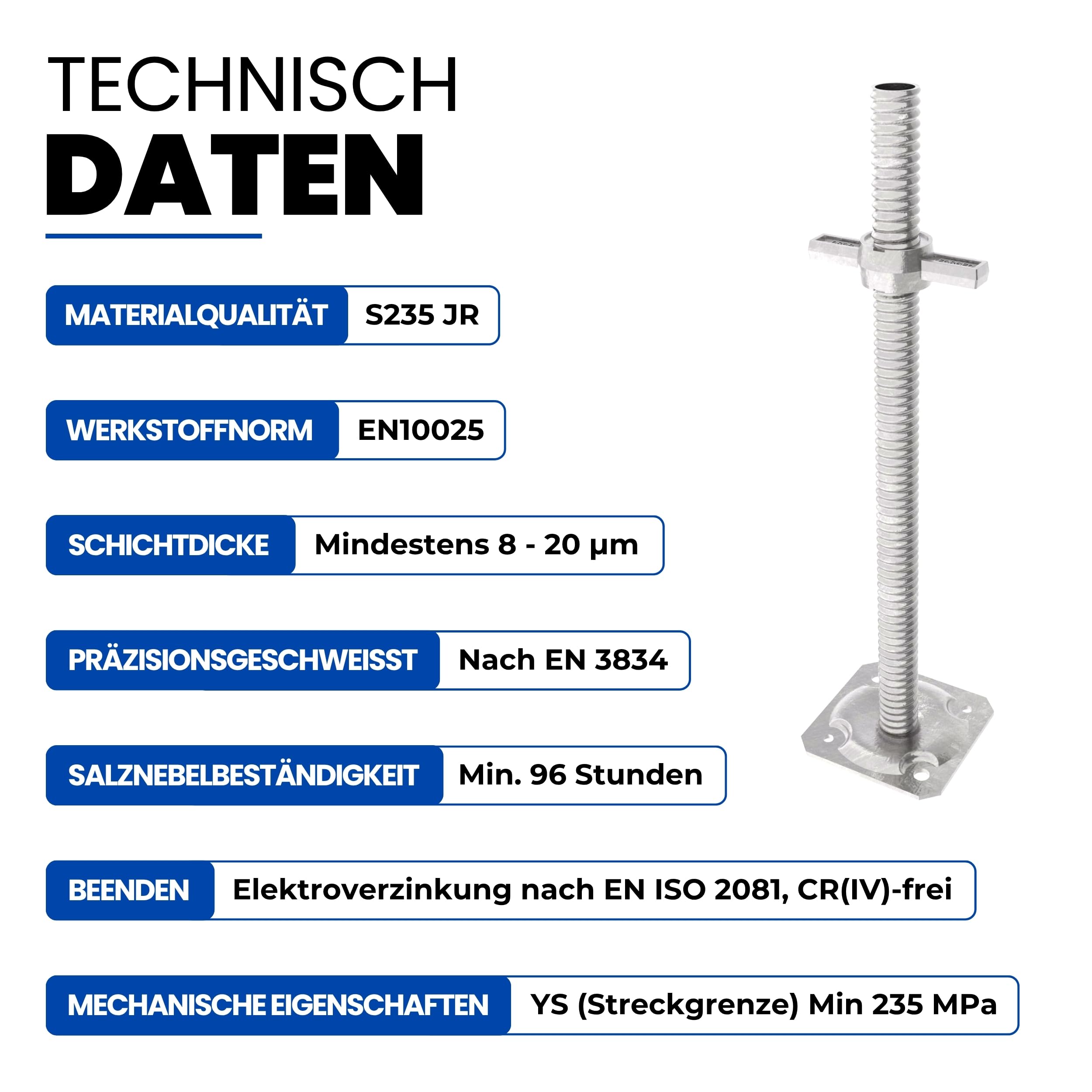 GeZu Impex Gerüstspindel Galvanisch Verzinkt 500 mm Ø 38 mm Spindelfuß Gerüstfüße Gewindefußplatte