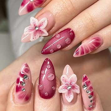 Almond Press on Nails Medium Fake Nails 3D Flower Charms Gems False Nails Glossy Pink Stick on Nails Full Cover Glue on Nails Spring Acrylic Nails with Designs for Women Girl Nail Art Decor 24pcs