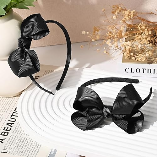 Miniatura 5 de DEEKA 2 diademas de lazo negro de 4 pulgadas, lazos para el pelo con cinta de grogrén para niños pequeños, accesorios para niñas pequeñas, juego de