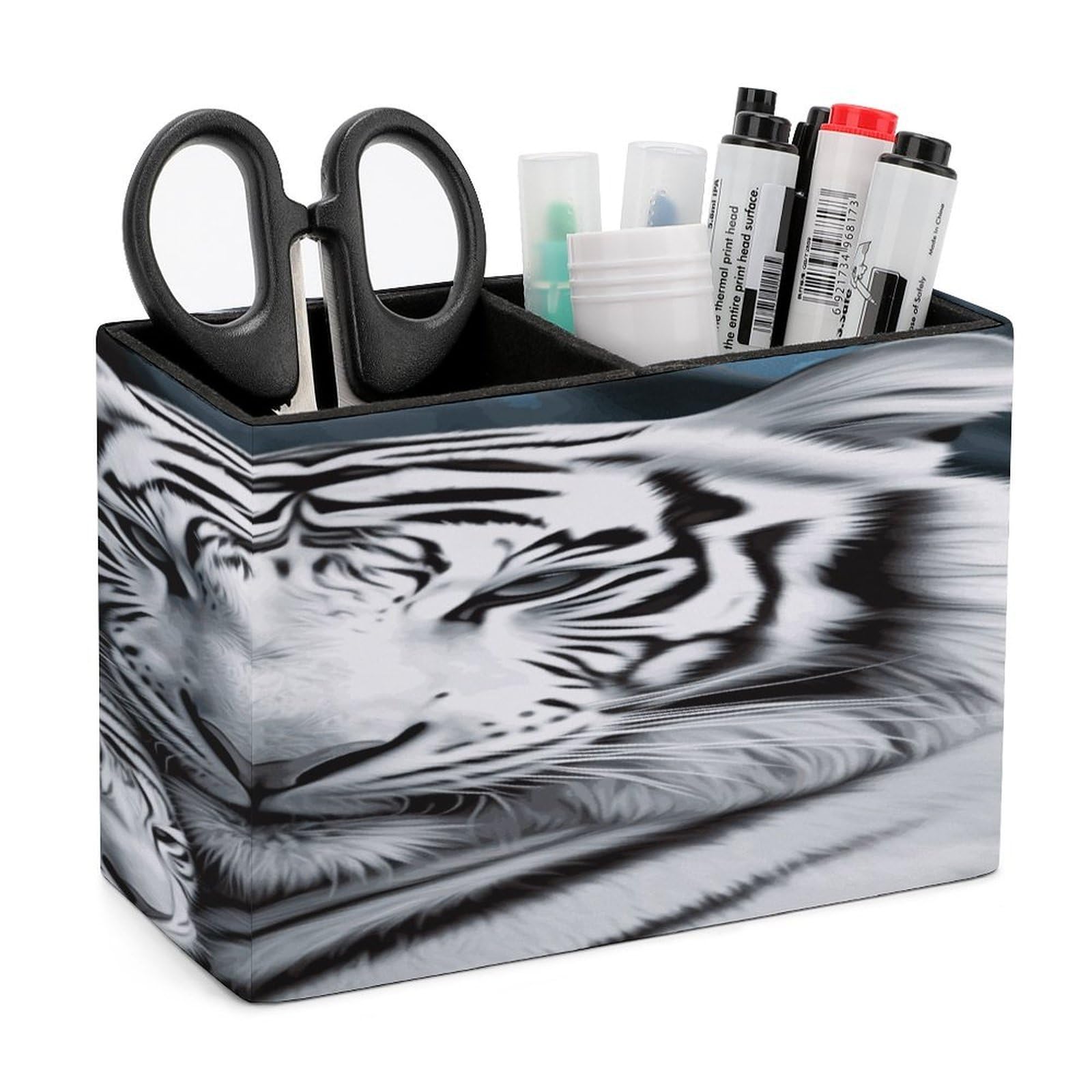 VstaDank White Tiger Pencil Holder for Desk(Double Slots) Fashion Leather Pencil Cup Simple Rectangular Shape Pen Holder Multi-Functional Pen Cup for Home Office Supplies Storage