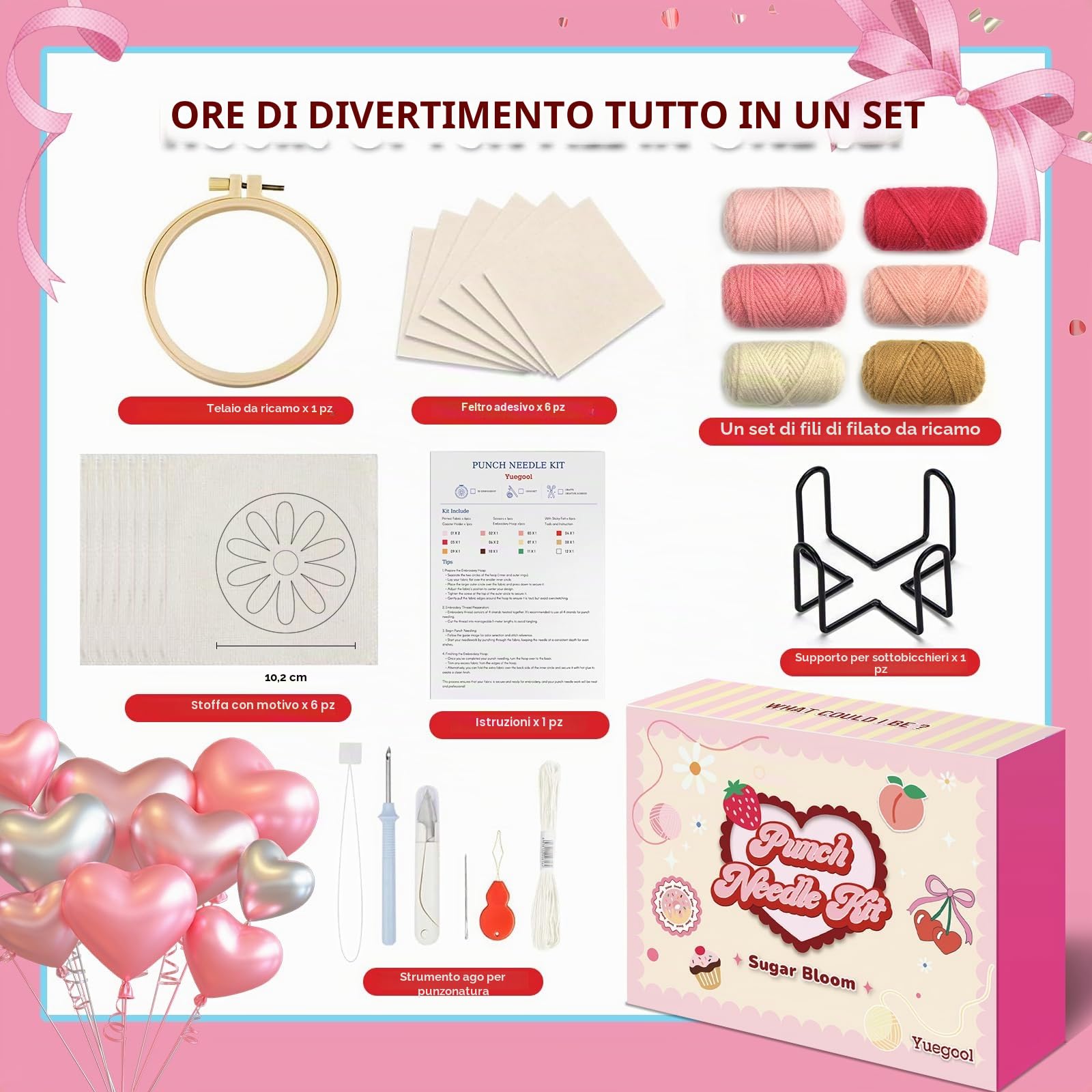 yuegool Kit di 6 sottobicchieri con ago perforatore, facile da ricamare fai da te, per principianti e regalo di San Valentino con motivi, strumenti e istruzioni