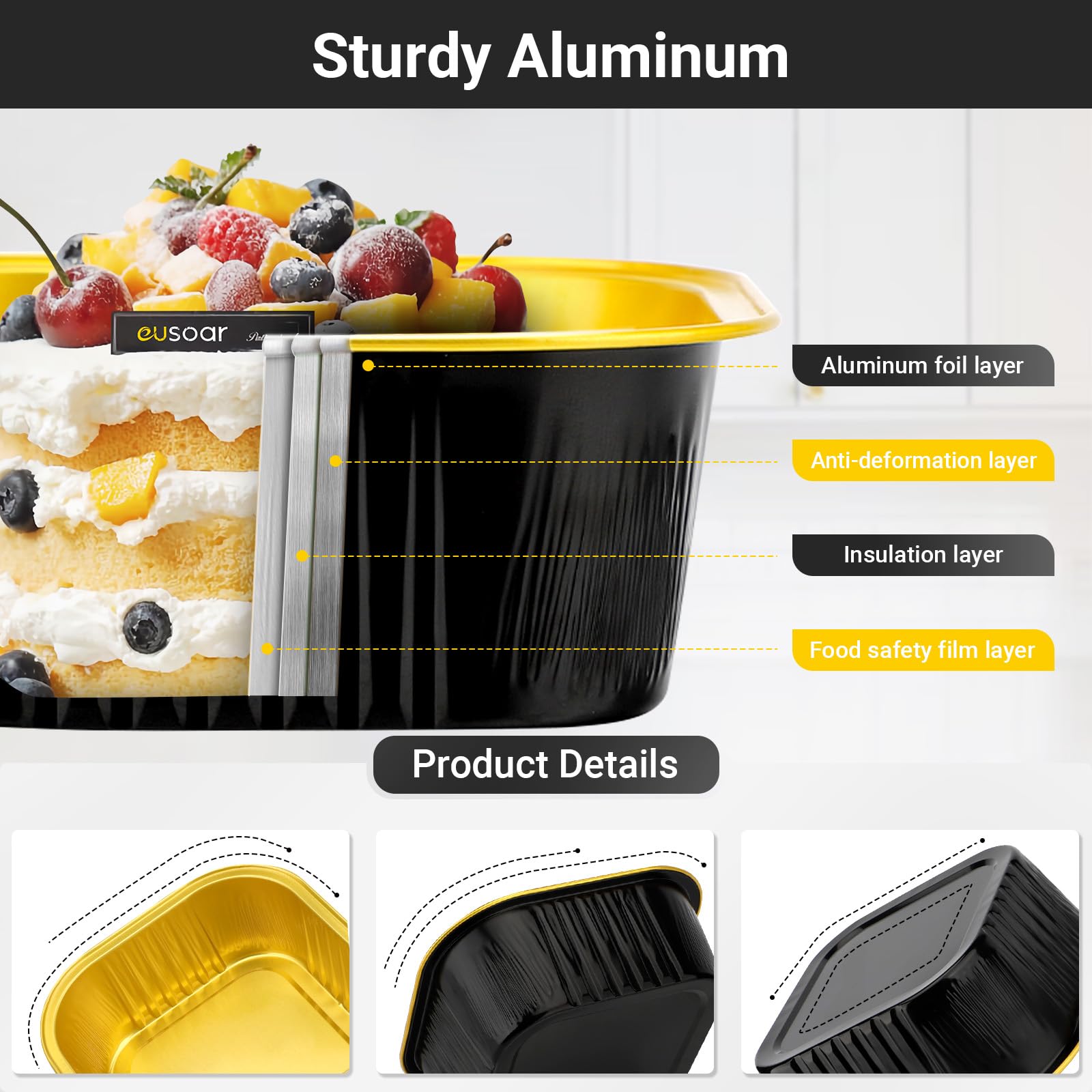 Eusoar Lot de 50 moules à cupcakes jetables avec couvercles, 10 x 9 x 4,2 cm 300 ml avec couvercles, en aluminium pour desserts, cupcakes, cupcakes, cupcakes, traiteur, pâtisserie - Noir doré