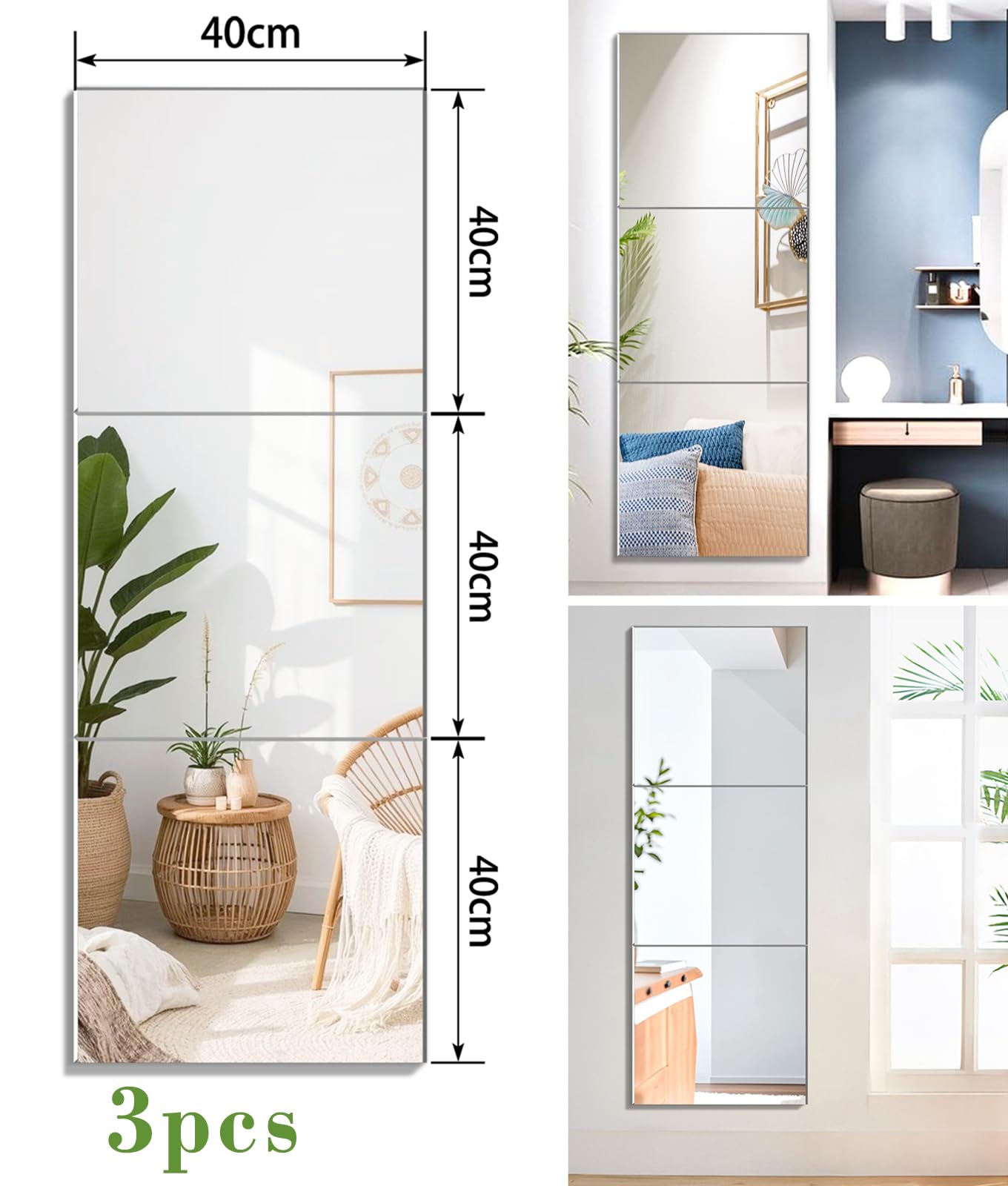 Specchio da Parete Adesivo Specchio Autoadesivo Adesivo Grande Specchio da Parete Rettangolare per Camera da Letto, Bagno, Cabina Armadio, Soggiorno