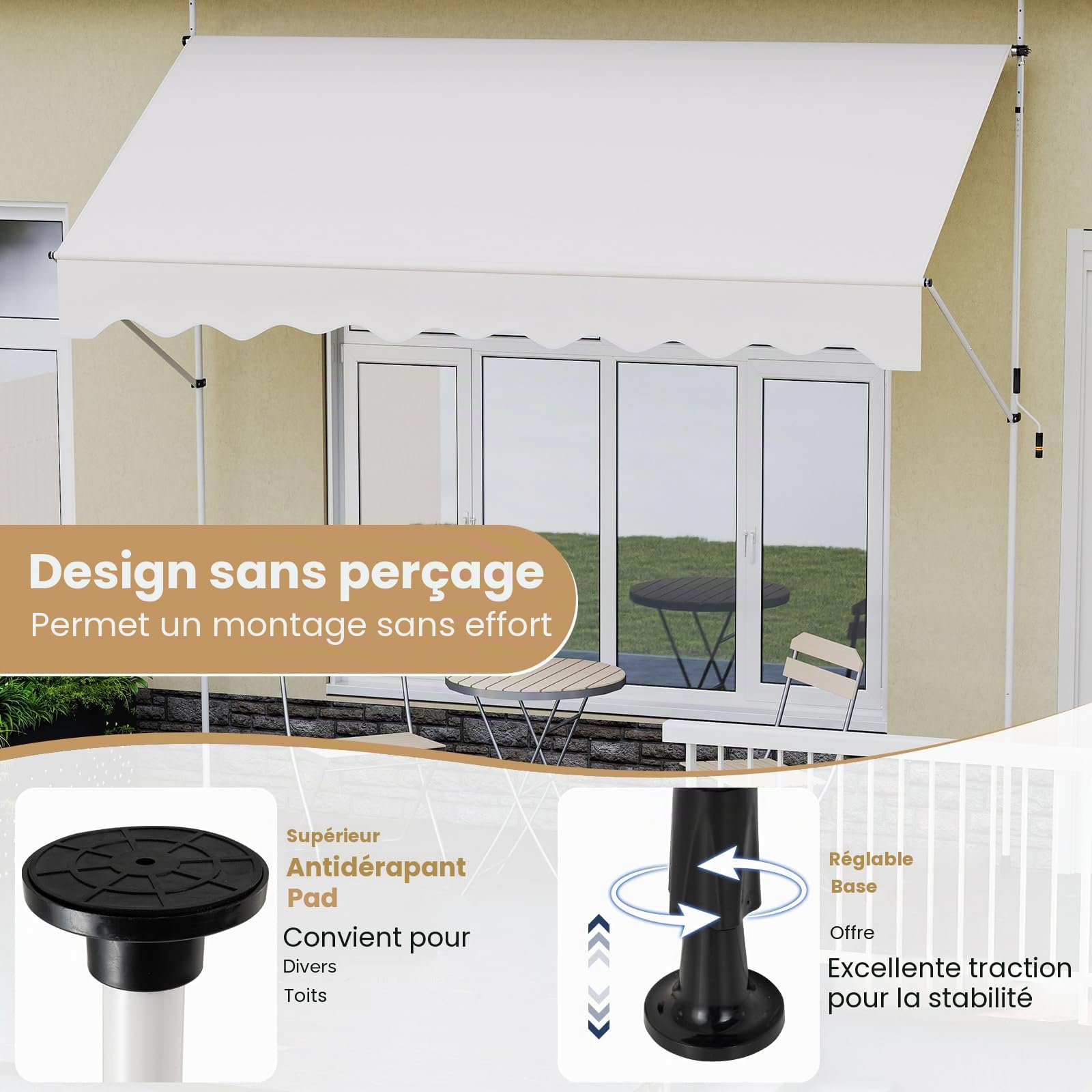 FANTASK Store de Balcon avec manivelle, résistant aux UV, sans perçage, Hauteur réglable (Blanc)