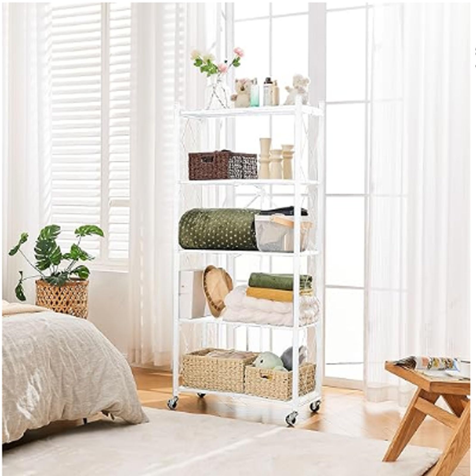 5-Niveaux Étagère de Stockage Pliable en Métal avec Roues, 28,15" W x 15,55" D x 62,60" H, Capacité de Chargement de 950 lbs, Etagère de L'assemblage sans Service(Blanc, 5-Niveaux)