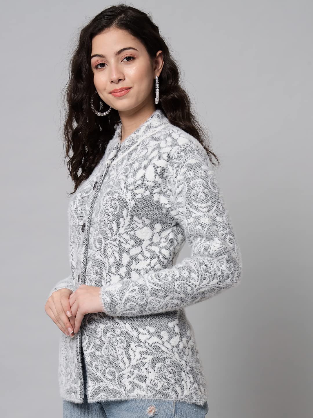 eWools Women's Wool Round Neck Cardigan (L, Black) - Image 4 thumbnail