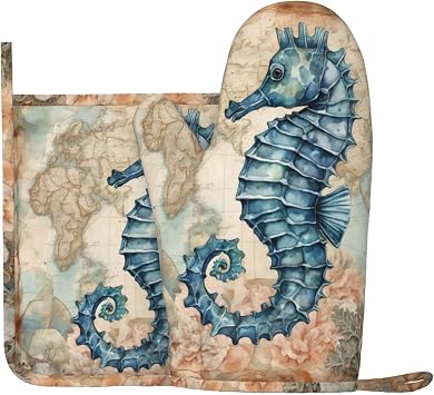 Seahorse Oven Mitts and Pot Holders Sets Heat Resistant Oven Gloves with Non-Slip Surface for Safe BBQ Cooking Baking Grilling Set of 2