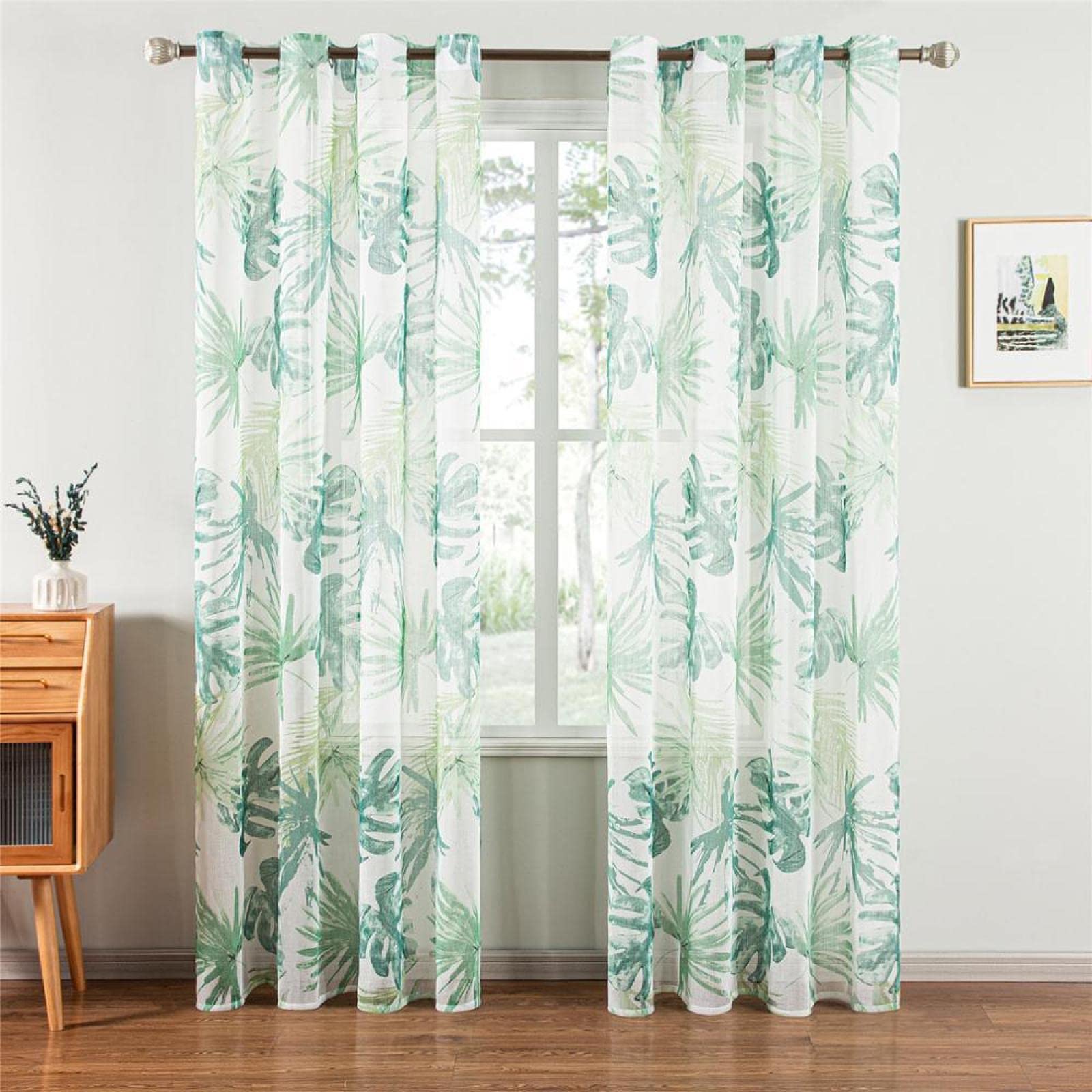 NCWANG Gardinen Vorhang Halbtransparent Mit Ösen, Gardinen Wohnzimmer, Ösenvorhang Transparent Vorhang Für Kinderzimmer Wohnzimmer Schlafzimmer, 2er Set 180x140 Cm(HöhexBreite), Blaugrüne Blätter