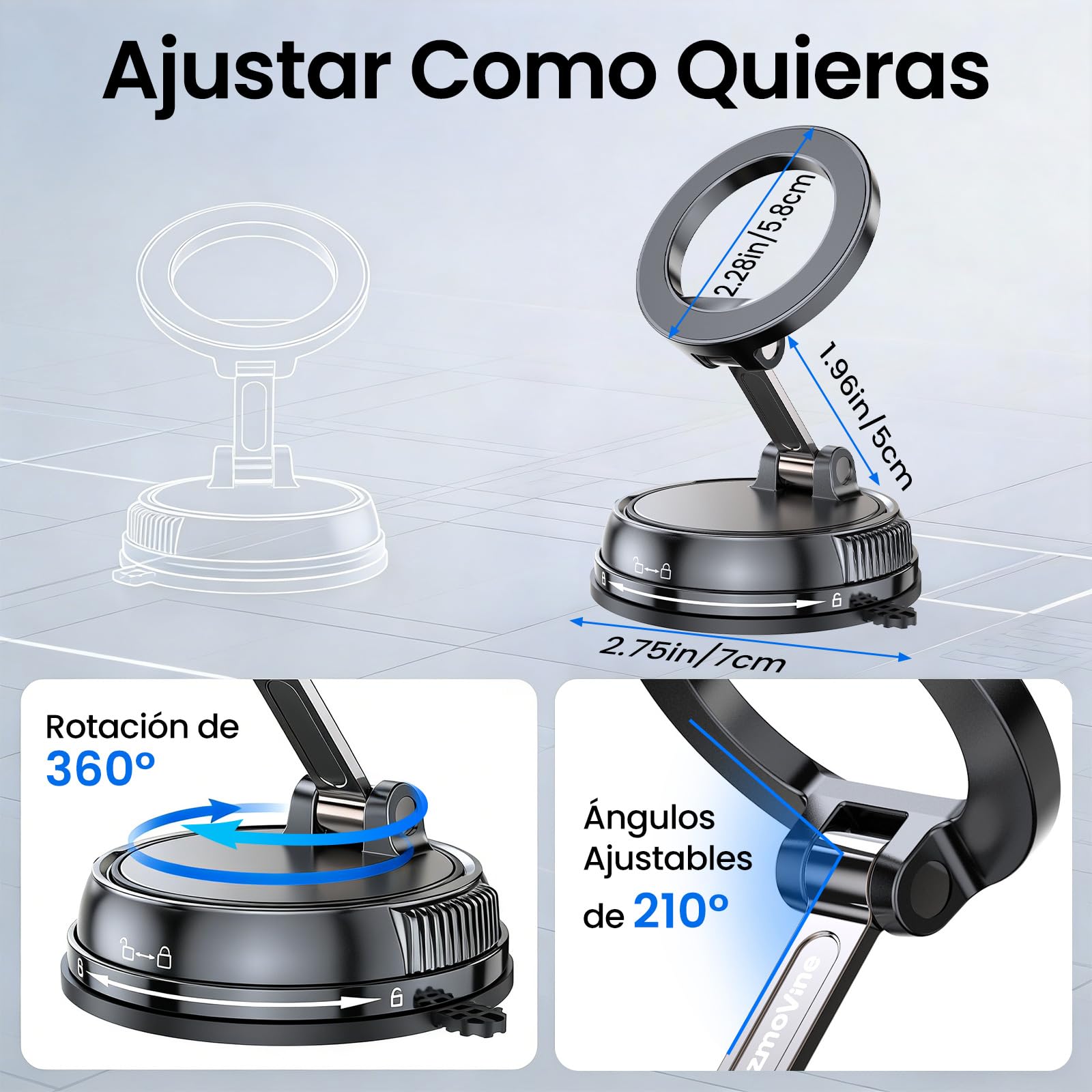 GizmoVine Soporte Móvil Coche MagSafe, 35KG Ventosa Fuerte Reutilizable, Brazo Metálico Plegable, 22X N55 Imanes, Giratorio 360° para Salpicadero/Parabrisas, iPhone 17-12 Android