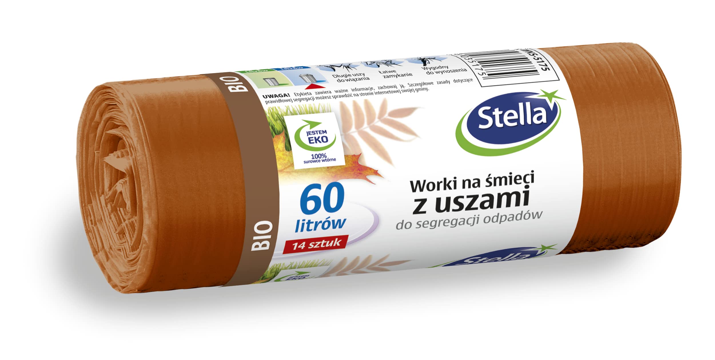 Stella 035175 Bin Liners with Handles for Organic Waste Separation | 60 L | Pack of 14 | Bin Bags for Household Waste Office Made of Thick LDPE Regranulate Film Colour: Brown