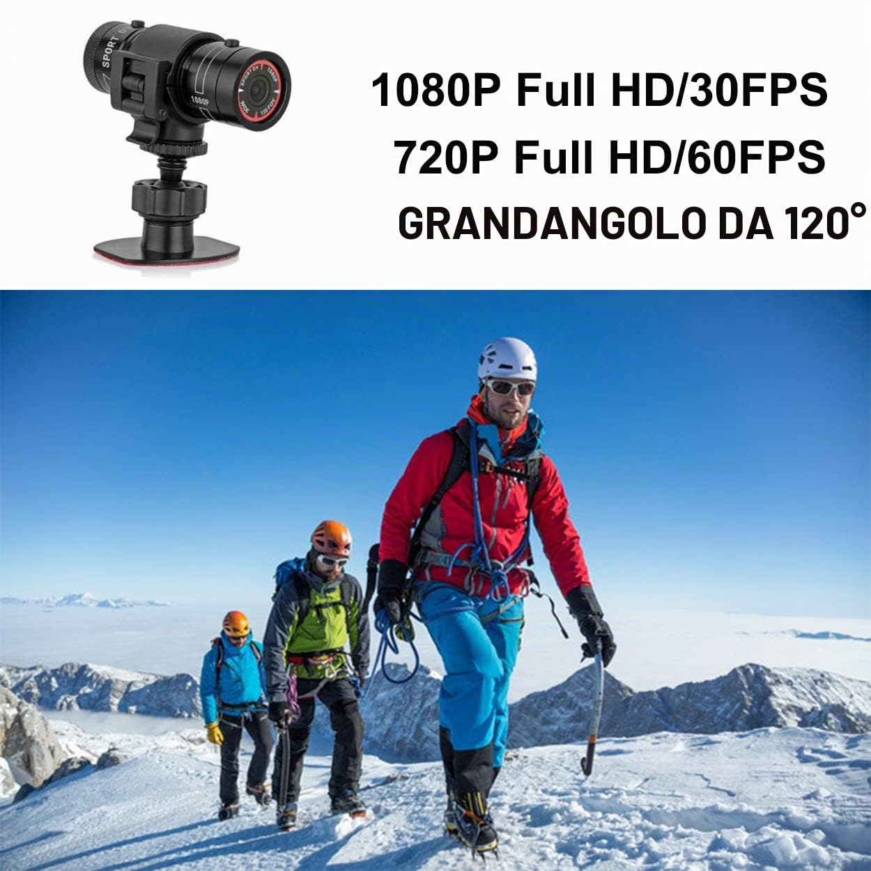 TKMARS Action Cam,Videocamera Casco Moto Mini Fotocamera Bici,1080p Full HD 120° Loop grandangolare Impermeabile Action Cam Registrazione Video e Scatto Fotografico per Sci, Equitazione, ecc