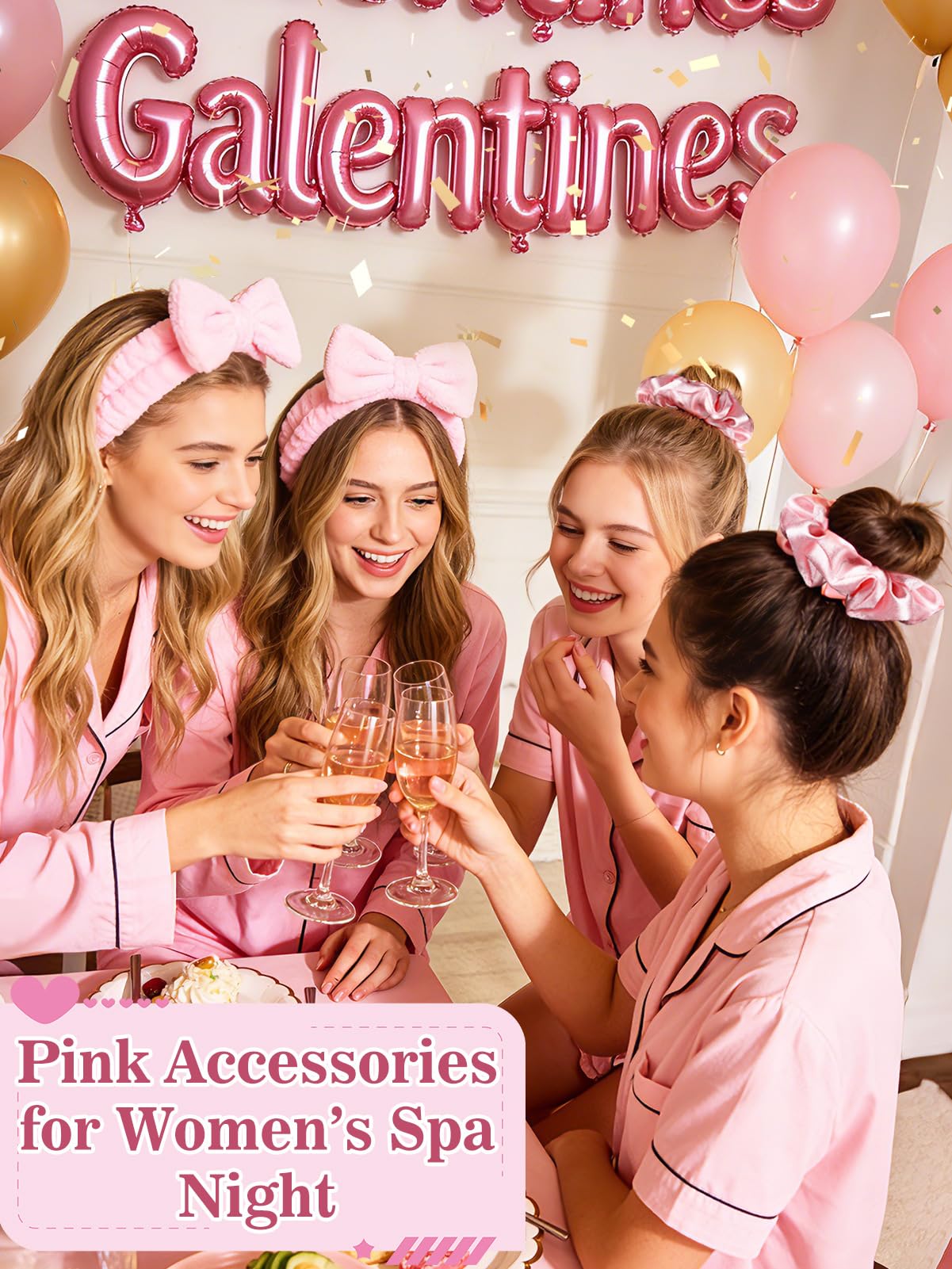 Cosweet 4 Sets Galentine's Day Gift for Women - Pink Spa Party Favors with Headband & Wrist Band, Heart Glasses, Hair Clips, Scrunchies, and Makeup Bag, Friendship Gifts for Valentine's Day