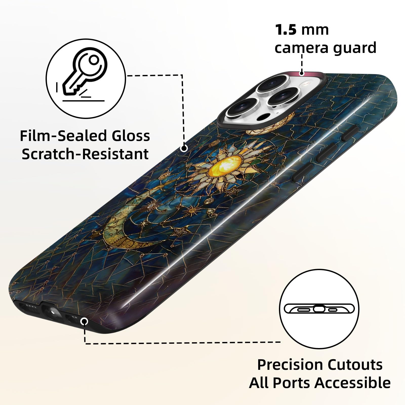 Lumen - Custodia per iPhone 17, compatibile con Magsafe, cover rigida con protezione per fotocamera, per donne, ragazze, adolescenti, con vetro colorato con sole e luna, oro blu navy, drammatica