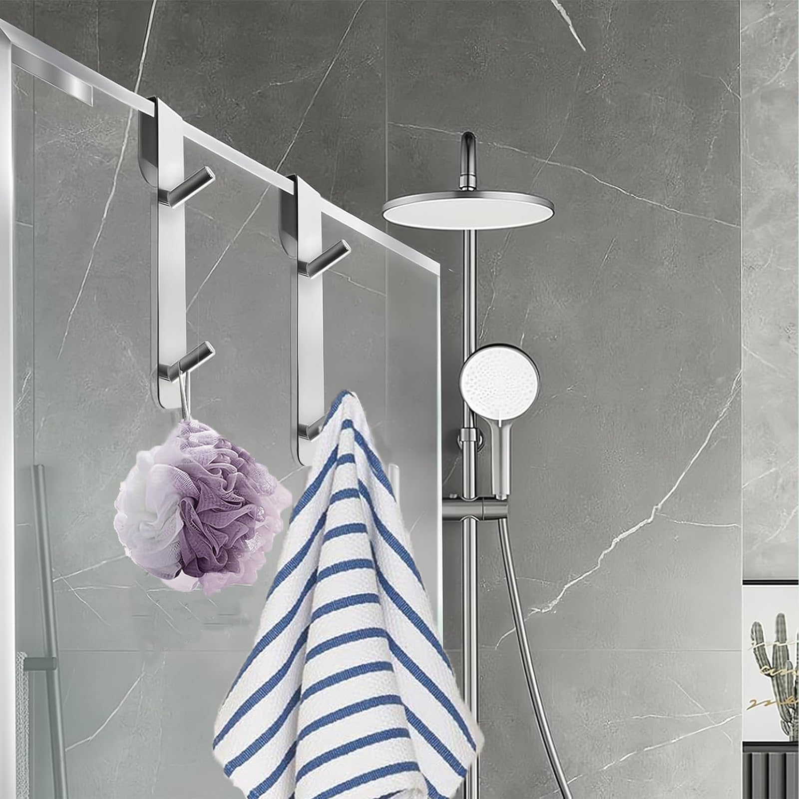 2 Pezzi Gancio Doccia - Ganci Asciugamani Bagno, Ganci sopra Porta Adatto Box Doccia in Vetro Senza Cornice di Spessore da 6-12 mm, Acciaio Inox (Gancho doble de plata)