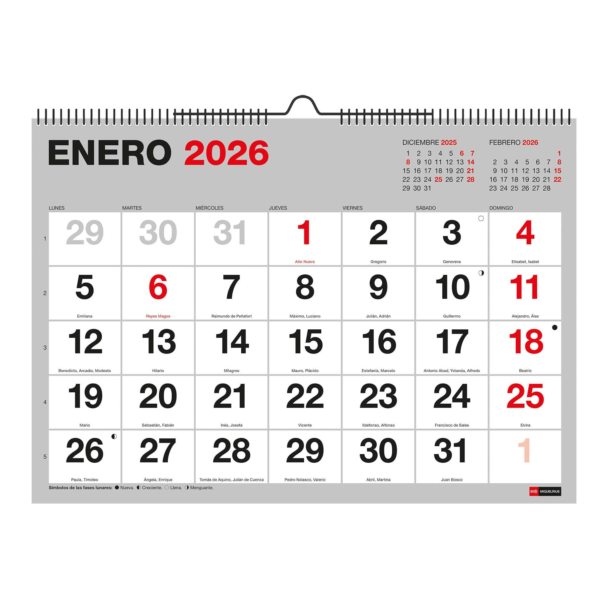 Miquelrius - 2026 Basic Wall Calendar with Large Numbers, A4 Yearly Organizer: 296 x 210 mm, with Note, Double Spiral Binding, 12 Month Planner, Spanish