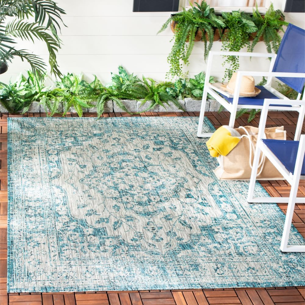 SAFAVIEH Washable Rug Outdoor Courtyard Collection - 6'7" x 9'6", Grey & Blue, Non-Shedding & Easy Cleaning, Ideal for Patio, Backyard, Mudroom (CY8231-37212)