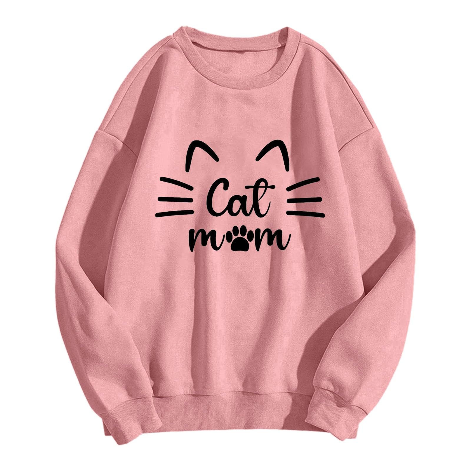 Sweat-shirt « Cat Mom » – Pour Amoureuse Des Chats – Imprimé Mignon Avec Visage Chat – Tissu Doux – Coupe Décontractée