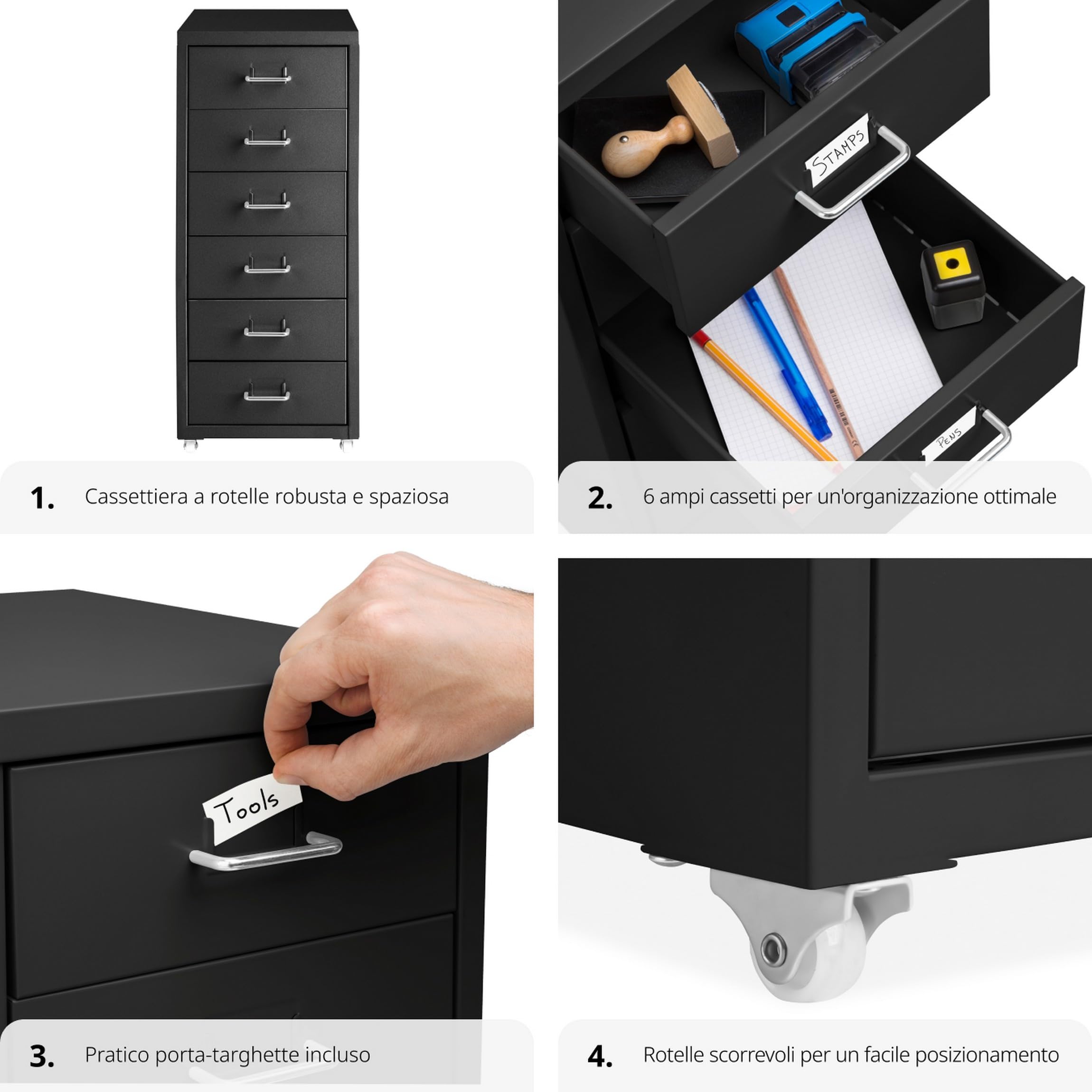 tectake® Cassettiera A Rotelle In Metallo, Schedario Uffici, Mobiletto Ufficio 6 Cassetti, Raccoglitore Documenti, Cassettiera Ufficio Porta Documenti in Acciaio 41 X 28 X 69 cm - Nero