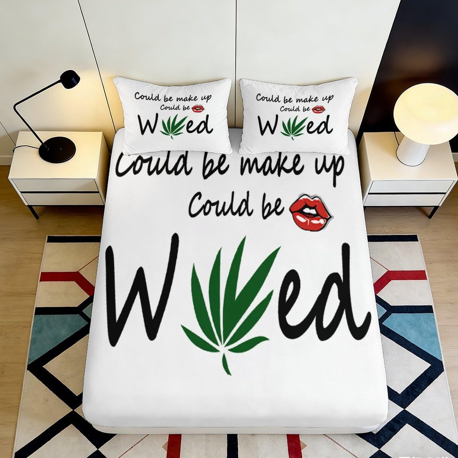 3D Printed Weed Leaf Fitted Sheet Microfiber Soft Decorative Lips Pattern Bed Cover for Bedroom Guest Room 90x200x25cm