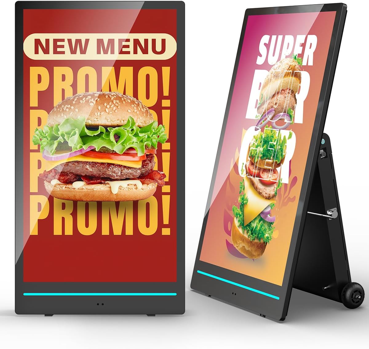 43 inch Rechargeable Portable Outdoor Digital Signage Displays, 2K FHD, IP65 Waterproof, Smart LCD Split Screen, Brightness Auto-Adjustment Movable Advertising Kiosk with Android OS