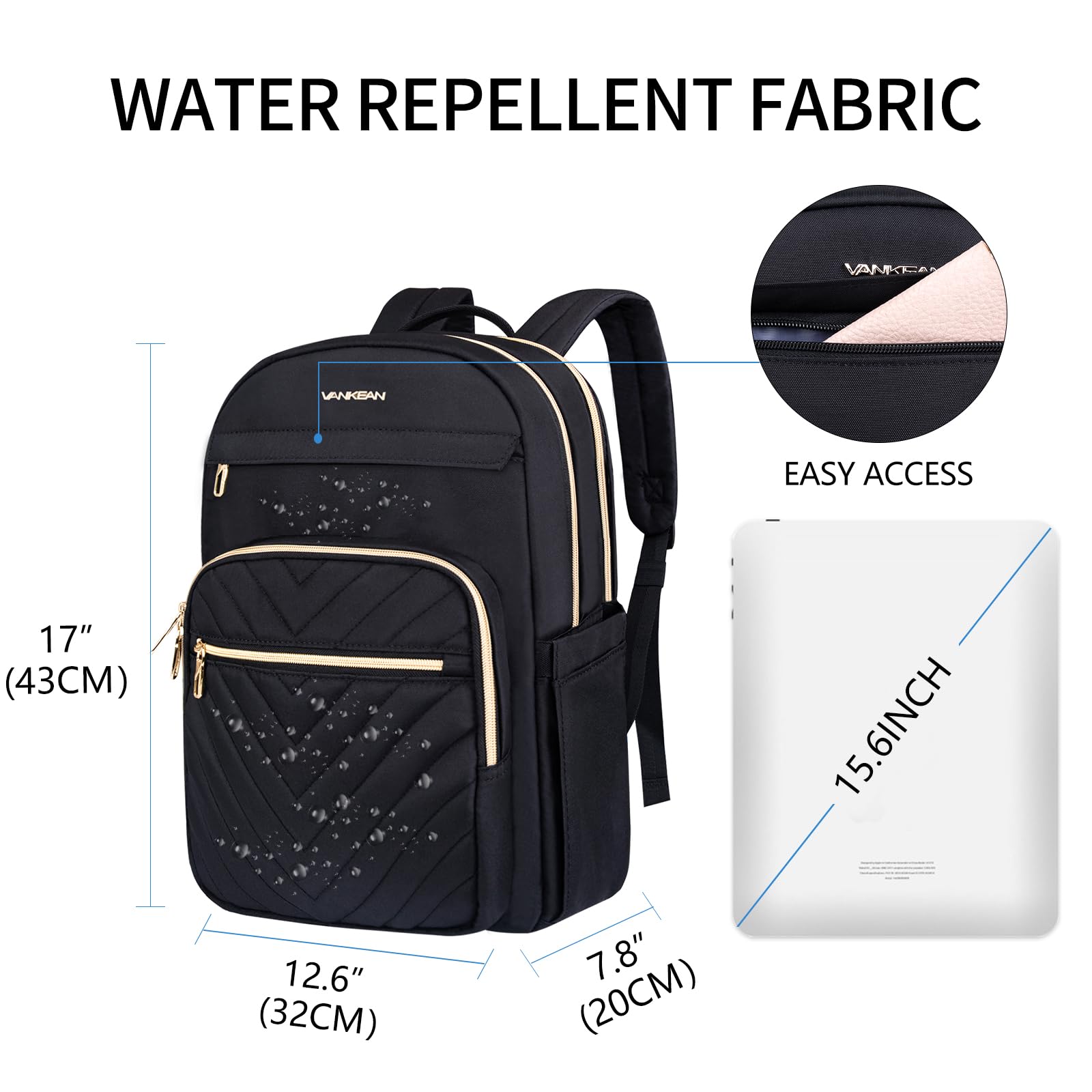 VANKEAN 15.6 Zoll Laptop Rucksack Damen, Schulrucksack wasserdicht Damen Herren Arbeitstasche für Universität Business Arbeit Reisen Camping, Schwarz