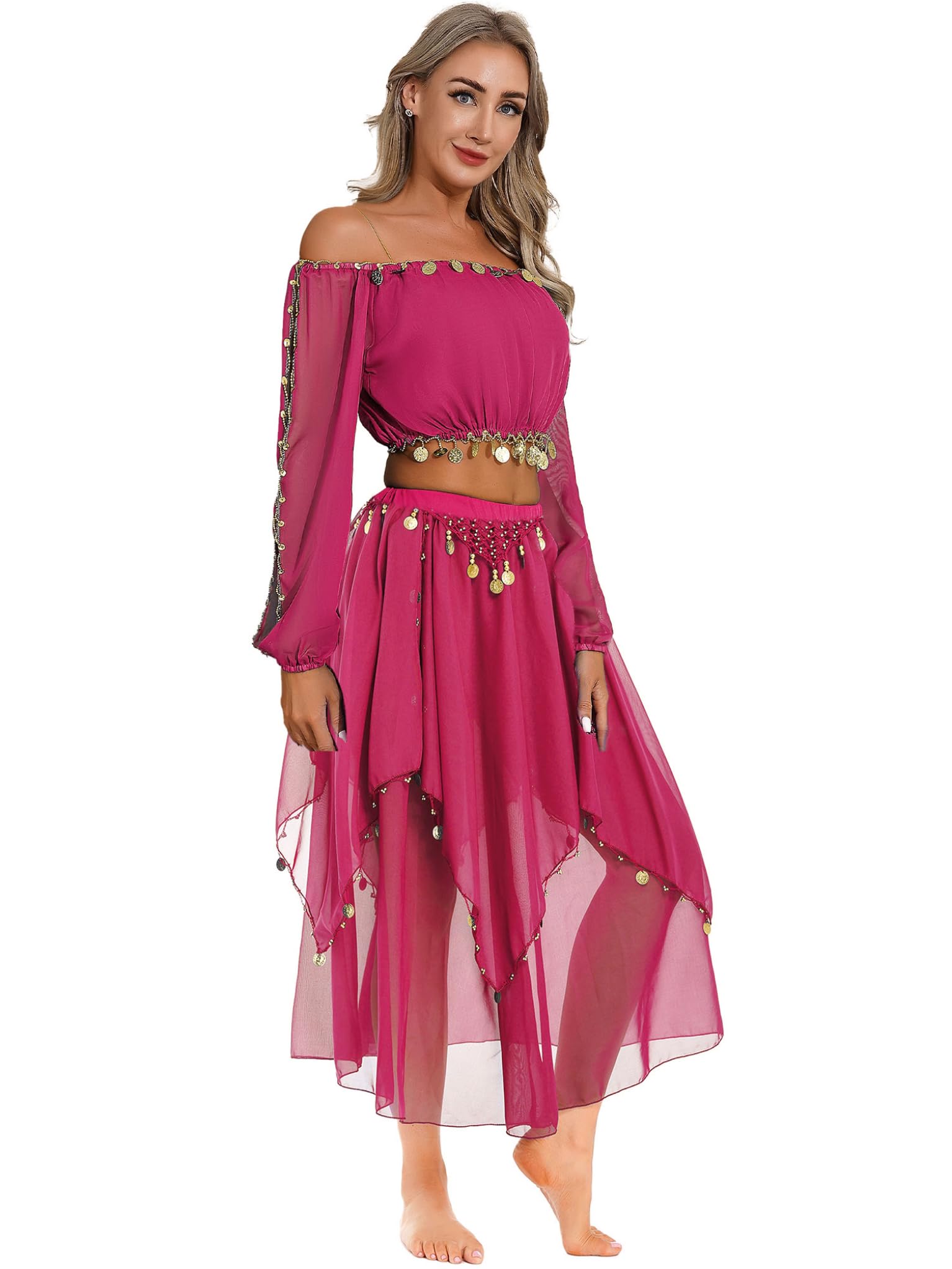 TTAO Costume Danse du Ventre Femme Robe Danse Orientale Haut de Dance Classique Manche Longue et Pantalon Déguisement Indien Princesse Costume Carnaval Halloween