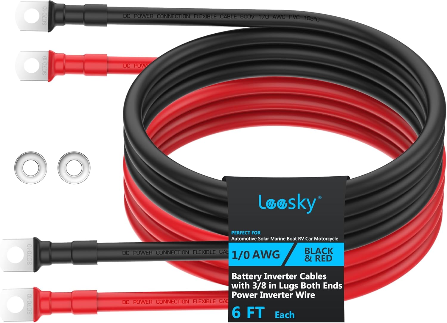 LEESKY 1/0 AWG Battery Cables 1/0 Gauge 6 Feet Pure Copper Battery Inverter Cables 3/8 Inch Terminals for Golf Cart, Power Inverter, Solar, Car, RV, Marine