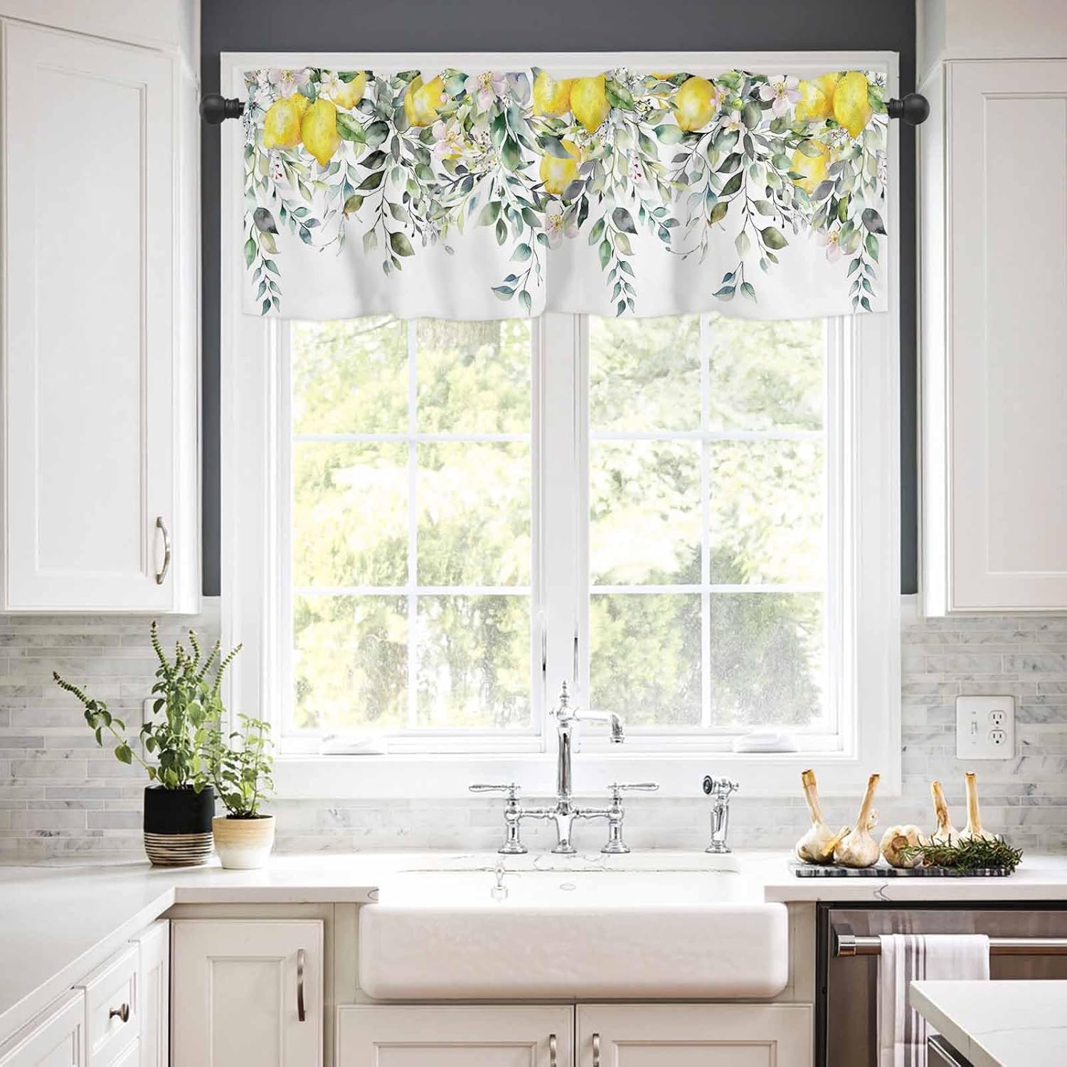 Spring Summer Curtain Valance and Tier Curtain Set 3PCS Rod Pocket Pastoral Plants Eucalyptus Leaves Lemon Flowers Green Valances for Windows Kitchen Cafe Valance Curtains 24 Inch Length Tier Valance
