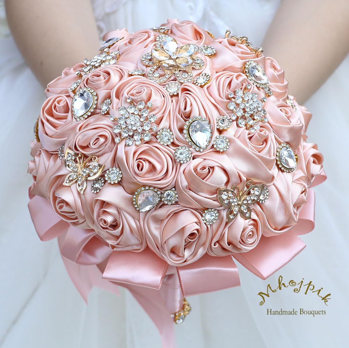 19 cm rosa pesca bouquet da sposa rotondo Bling spilla bouquet lancio artificiale mazzo di fiori per sposa damigella d'onore matrimonio Quinceanera