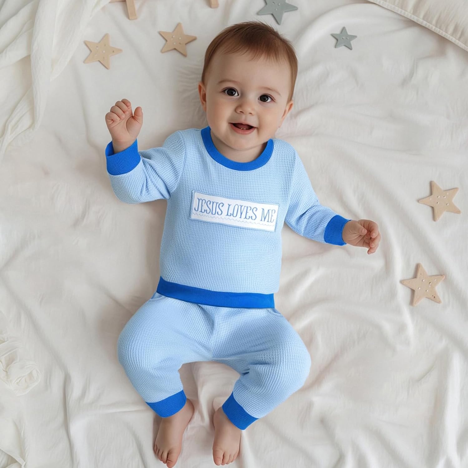 KMBANGI Toddler Baby Boy Waffle Outfits Long Sleeve Jesus Loves Me Sweatshirt Casual Pants 2Pcs Fall Winter Clothes - Image 2