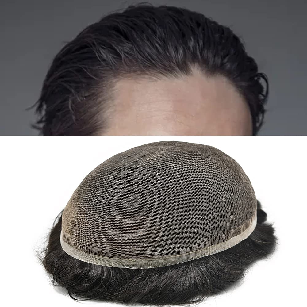 LHC Mens Toupee Hairpiece Full French Lace Basement Wig Human Hair Replacement System Transparent Lace Wigs For Men Light Density Black Brown Blonde Gray (7