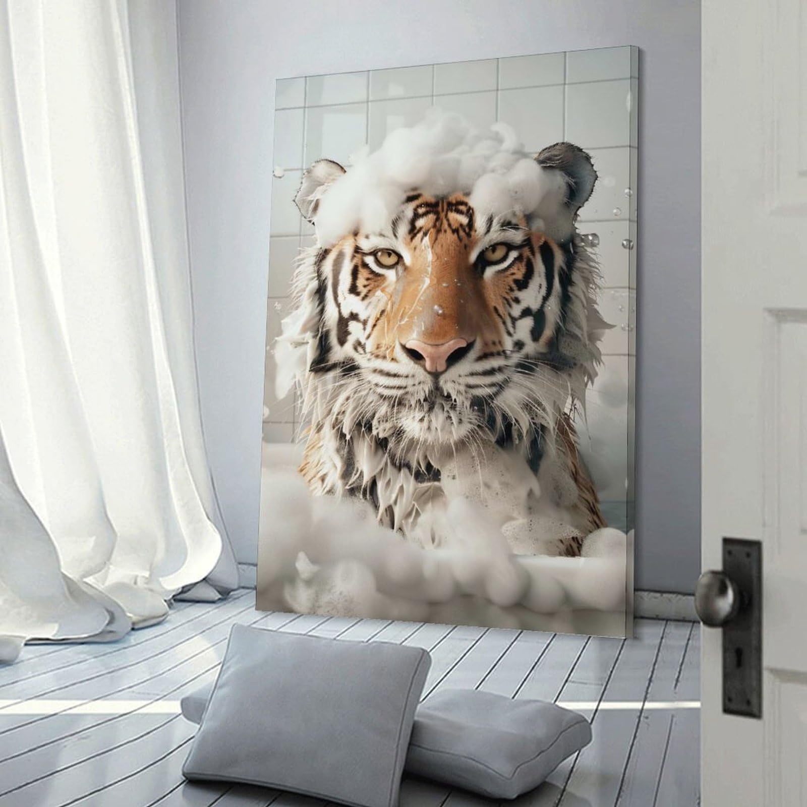 Junmoney Wall Picture Print Tiger in A Bubble Bath, 24x36inch(60x90cm), for Wall Displays, Bedrooms Or Room Updates, Wall Decor Suited to Curated Displays