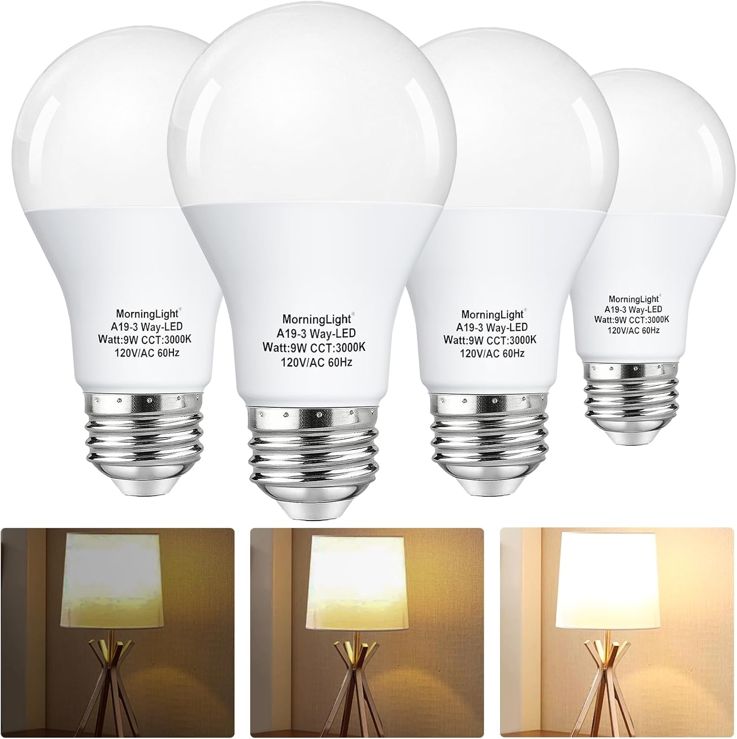 MorningLight 4 Pack 3-Way LED Light Bulbs 15 40 60Watt Equivalent, Daylight 5000K, E26 Base, 3W/6W/9W A19 Three Way Dimmable Light Bulbs for 3-Way Lamp Socket, 250/550/800LM, Low Watt 3 Way Bulbs