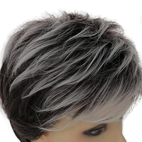 Miniatura 6 de Swiking Peluca corta de corte Pixie gris para mujer, con flequillo y raíces oscuras, peluca de pelo sintético suave en capas, pelucas de disfraz