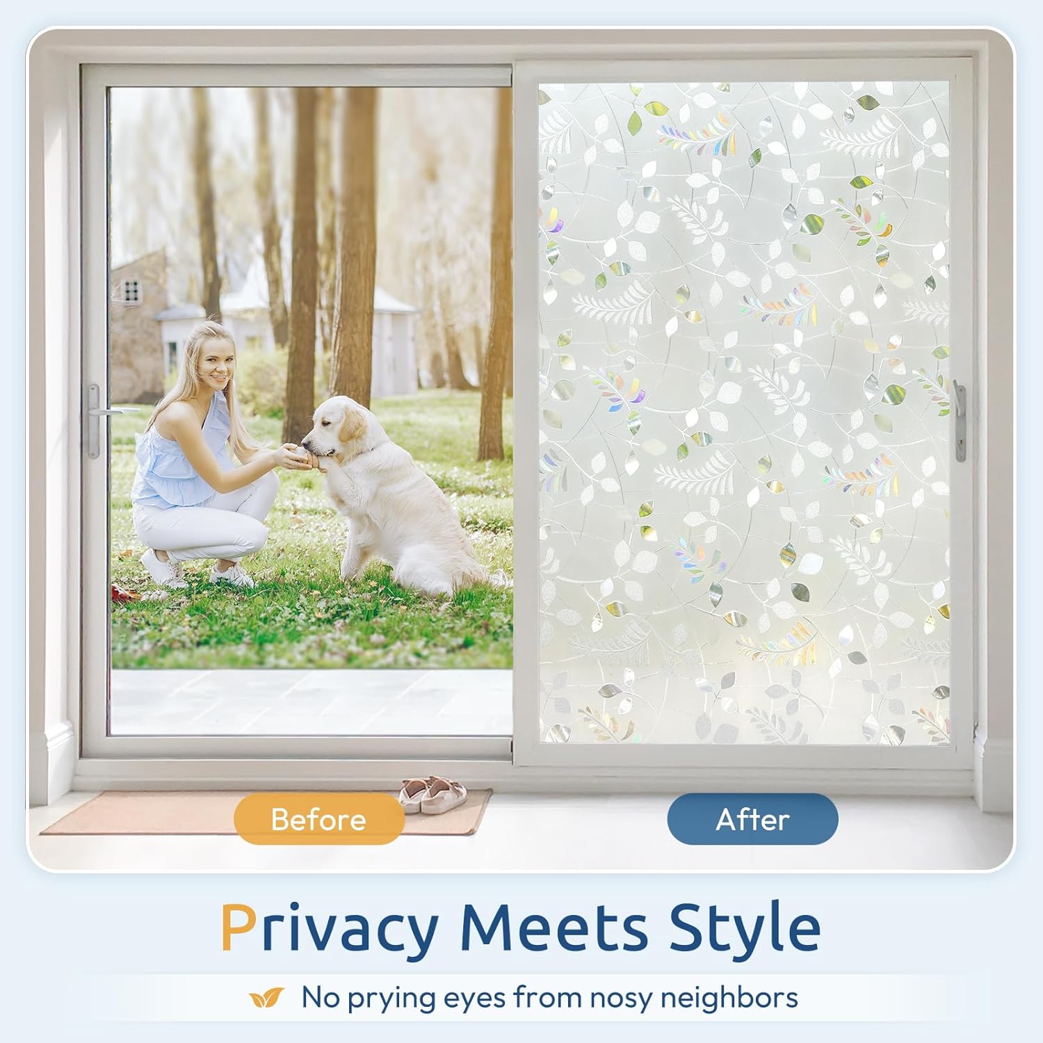 rabbitgoo Window Privacy Film, Frosted Glass Window Film, Stained Glass Removable Decorative Privacy Sticker, Non Adhesive UV Blocking Front Door Covering for Home, 3D Autumn Leaf, 35.4" x 118.1"