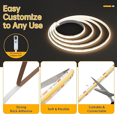 Miniatura 4 de CtrlCV Kit de tira de luces LED COB sintonizable, luz de cinta regulable 2700K-6500K con adaptador remoto IR, cuerda flexible, cinta LED para