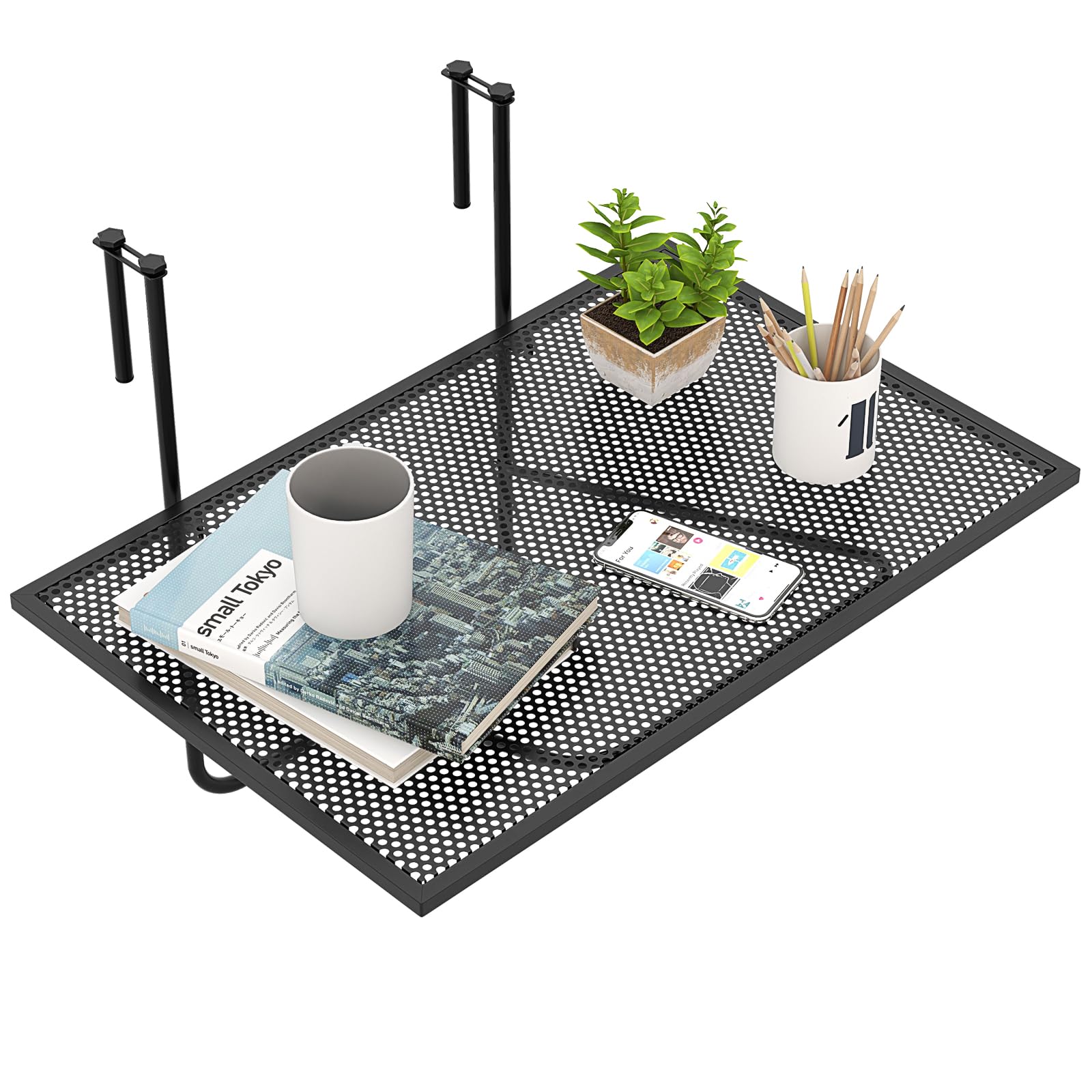 GIANTEX Składany stół balkonowy, metalowy stolik pomocniczy do balustrad | 60,5 x 40,5 x 51 cm, metalowy stolik zewnętrzny oszczędza miejsce, blat z siatki, na taras