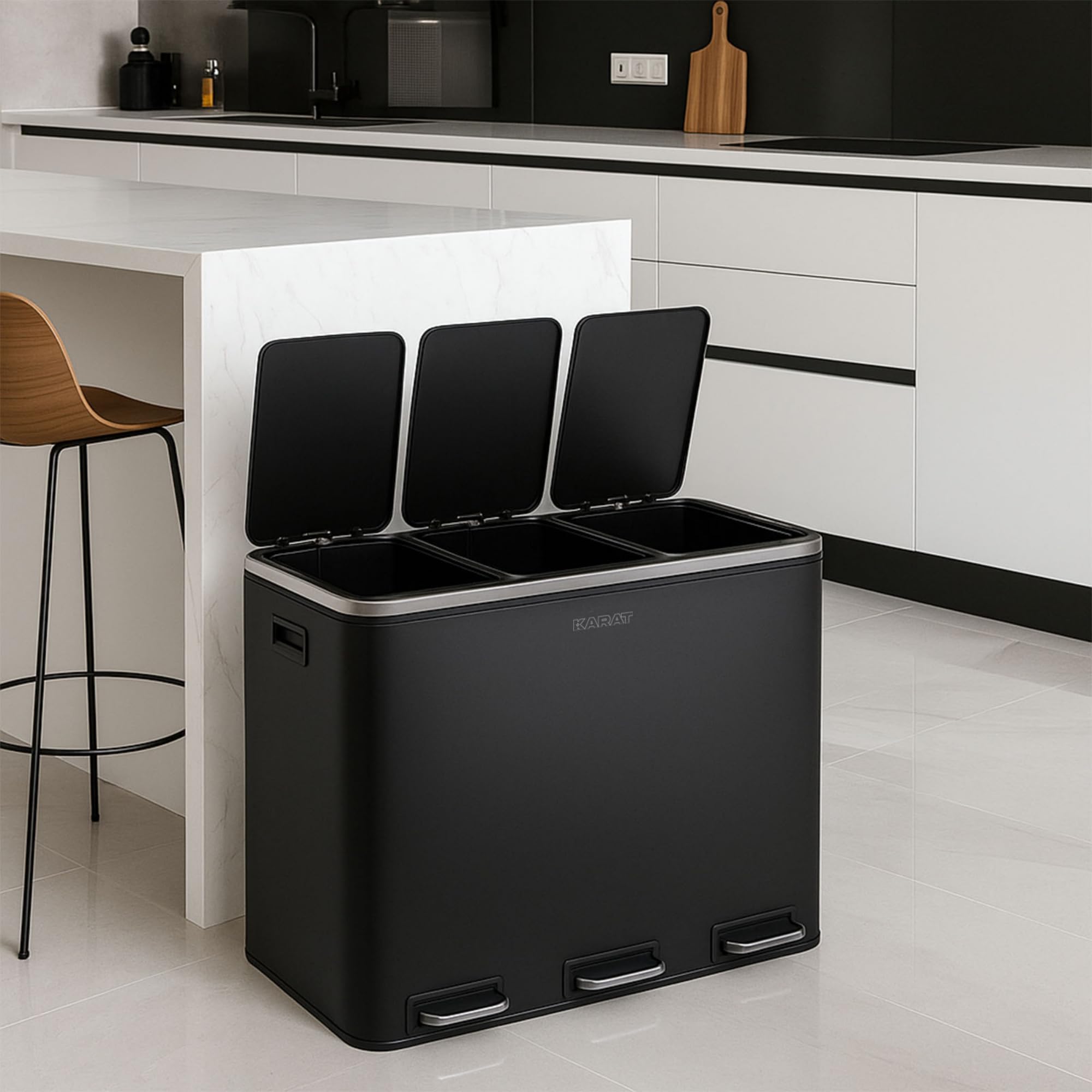 Floordirekt Mülleimer Küche 3×18L Schwarz | 3-Fach Mülltrennung, Treteimer Küche, Metall, Soft-Close, luftdicht, Kunststoff-Inneneimer, Klappdeckel – (Felix)