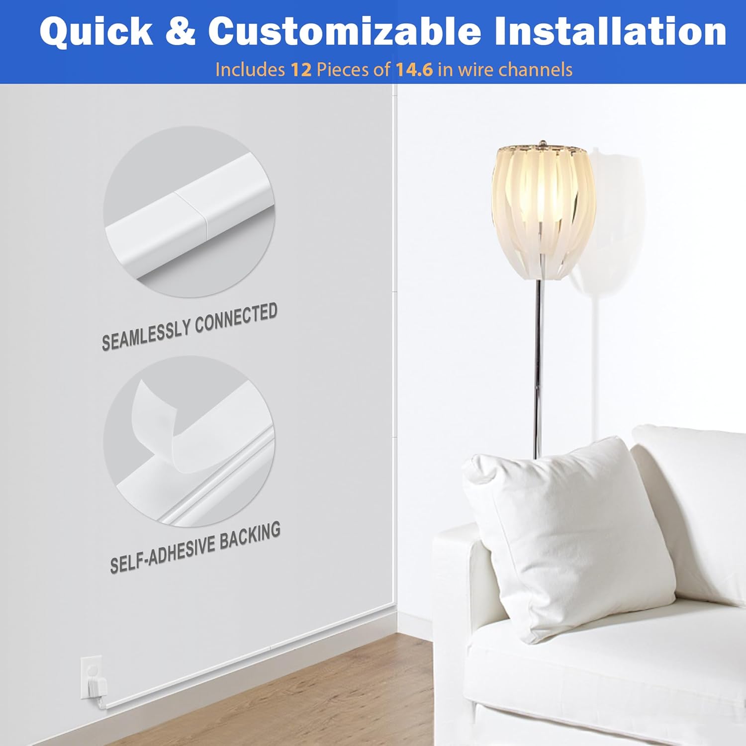 ZhiYo One Cord Hider Wall, 170in Cable Hider Concealer, Paintable PVC Wire Covers for Cords on Wall, Corner Cable Management Raceway for Thick Extension Cord, W0.6 H0.4in, White