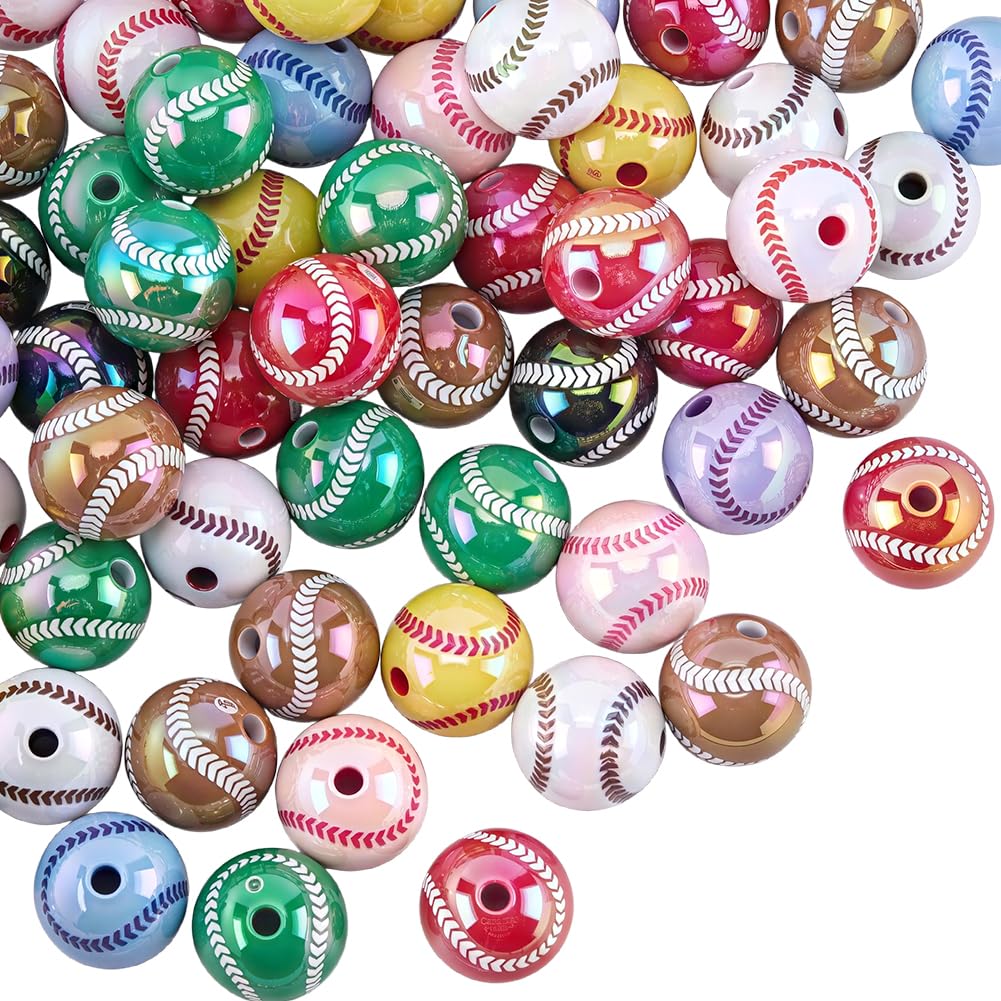 OLYCRAFT 60 cuentas acrílicas de béisbol de 15,5 mm, cuentas deportivas iridiscentes, cuentas espaciadoras sueltas, cuentas de sóftbol chapadas en rayos UV con agujero de 3 mm para hombres y mujeres